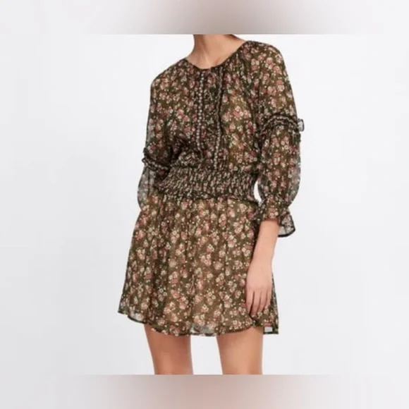 Zara Floral Beaded Mini Dress Small Peasant BOHO Festive Ruffle Smocked - Picture 15 of 15